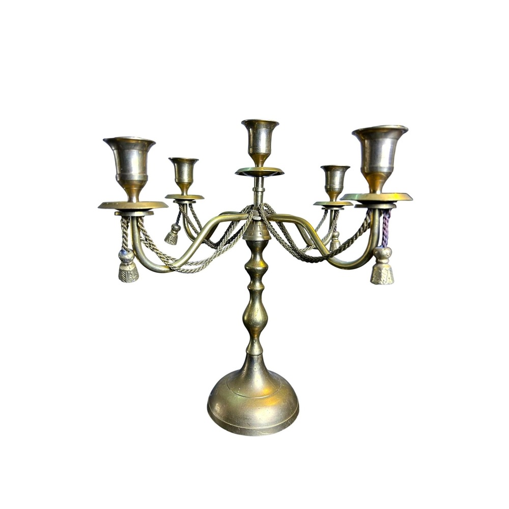Vintage Solid Brass 5 Arm Candelabra Chain Swag Tassel Candle Holder